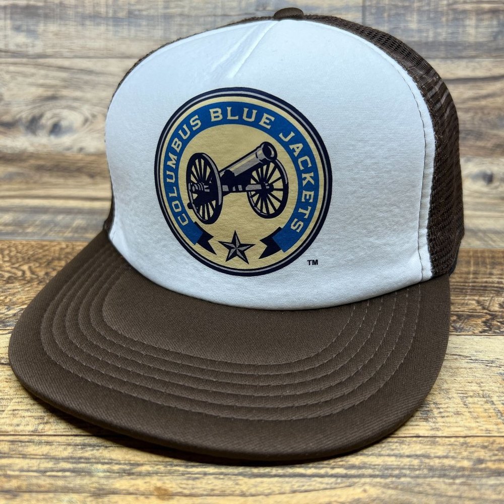 Retro Columbus Blue Jackets Mens Trucker Hat Brown Snapback NHL Hockey Cap - Picture 1 of 7
